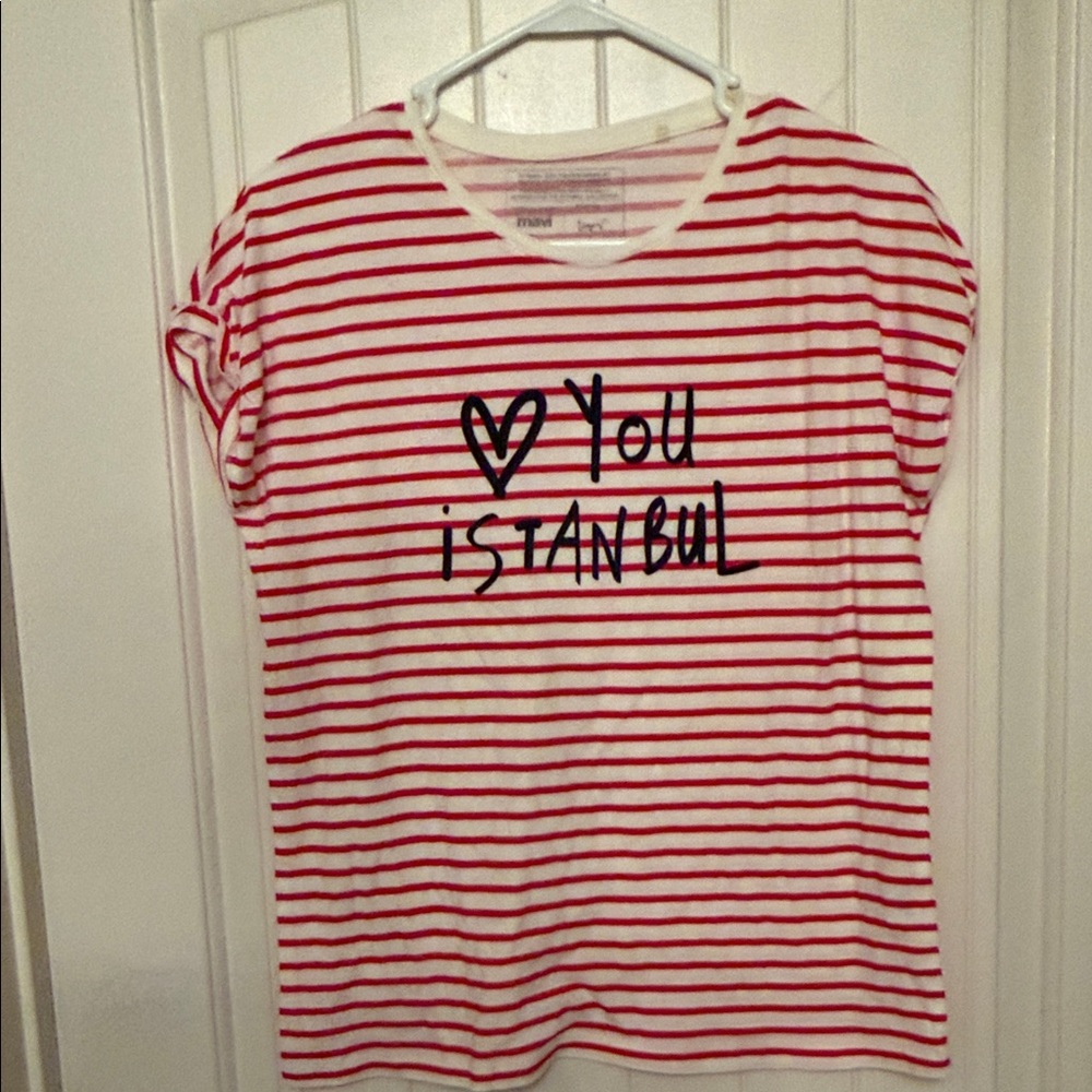 Mavi Red and White Striped Tee with Heart Graphic